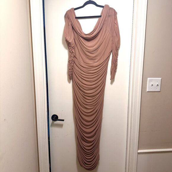 Slaydiva Plus Dusty Pink Off Shoulder Ruched Mesh Bodycon Long Dress Size 20/4X - Picture 1 of 9